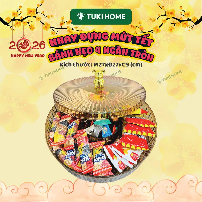  Khay đựnġ mứt Tết 2026 Khay đựng bánh kẹo các loại hạt HÌNH TRÒN 4 ngăn màu vàng hổ phách để phòng tiếp khách sang trọng 