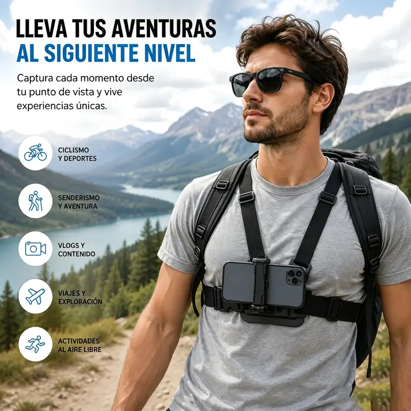 RIDGEWAY Soporte deportivo ajustable para celular para el pecho, giro de 360°, correa para celular y cámara, perspectiva en primera persona, incluye correa para el hombro, con función de estabilización de imagen, diseño ergonómico, ideal para viajes, ciclismo, motociclismo y bicicleta - Foto 2