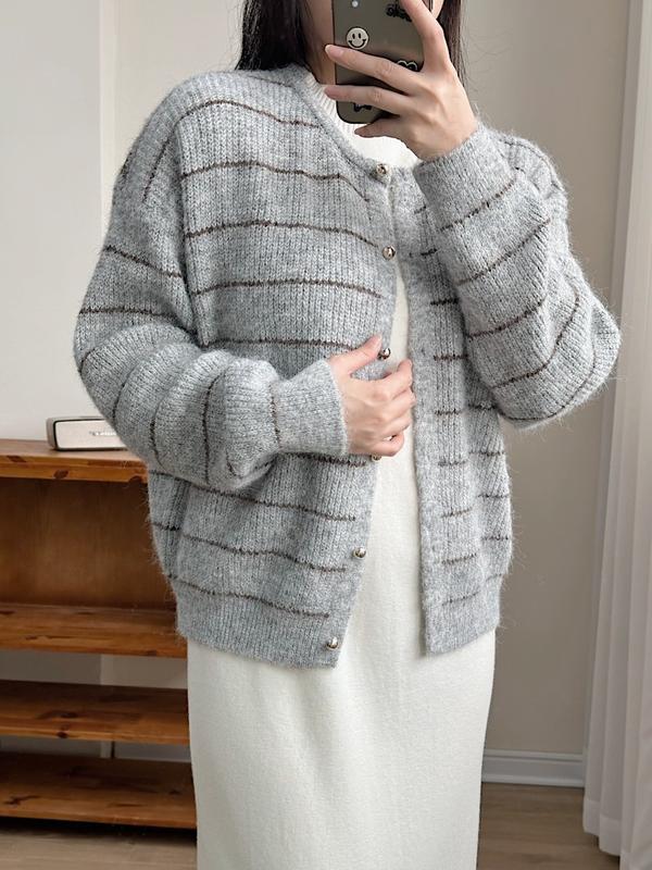 L'AMME Áo khoác len cardigan KL033 chất liệu len dệt xù mềm mại thiết kế kẻ ngang tạo điểm nhấn nhẹ nhàng ấm áp phù hợp mẹ bầu dạo phố đi tiệc