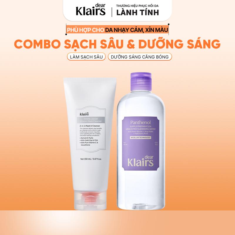 Combo Nước tẩy trang Dear, Klairs 400ml + Sữa rửa mặt Vitamin Mask Cleanser…