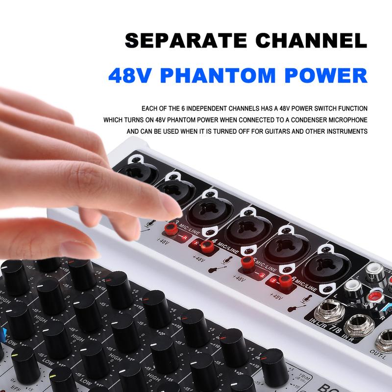 Product Introduction of BOMGE-mini 8 Channel Audio Mixer, Line Mixer, DC 5V, with MP3 Player, Bluetooth, 48V U Disk, 24DSP Effect, USB Recording Suitable for small club or bar, studio recording 12