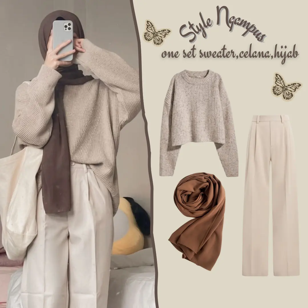 One Set Outfit Wanita Style Ngampus ( Crop Sweater Premium + Celana Loose Pants Anti Kusut +  Pashmina Ceruty Baby Doll Premium Loraa Fashion LR6