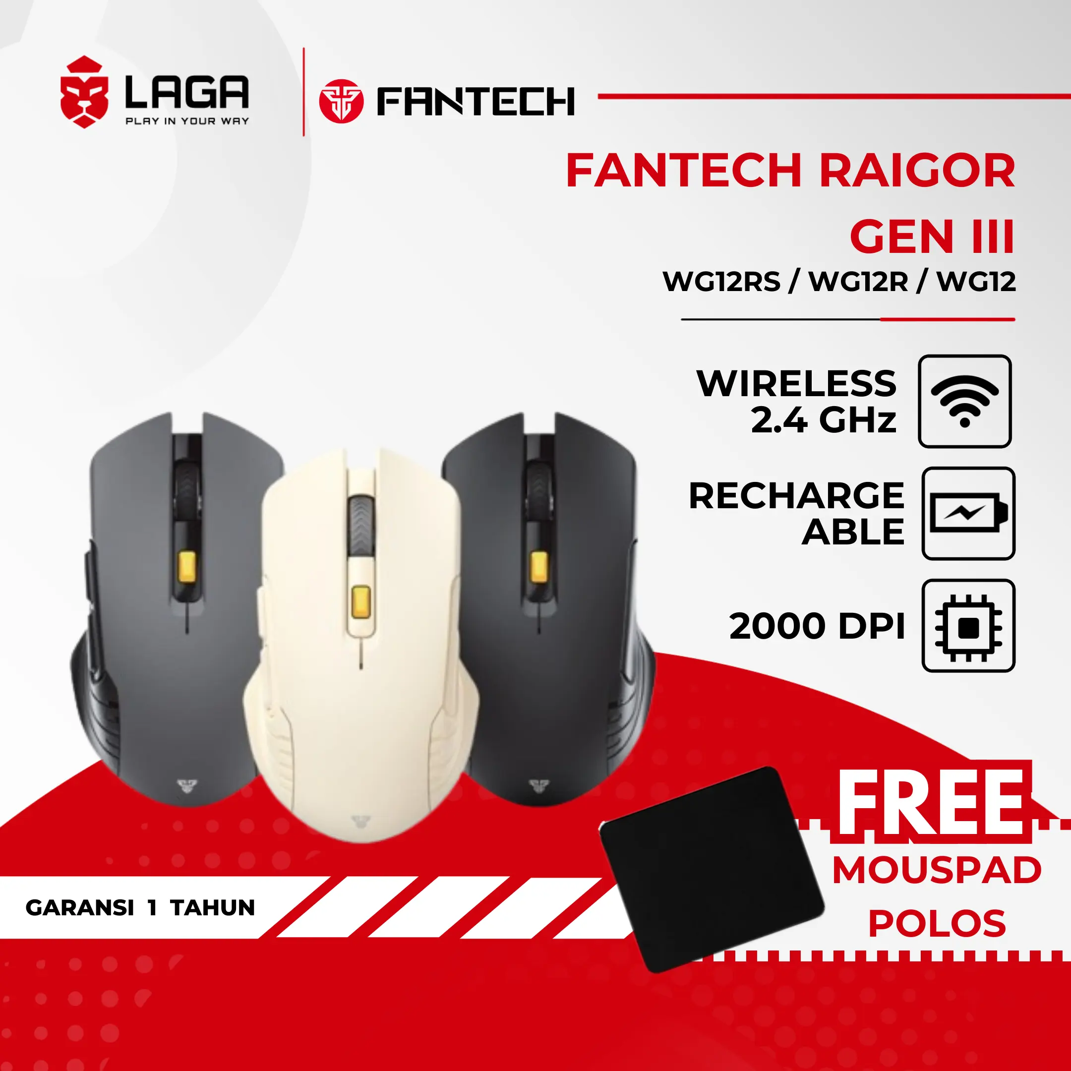 (FREE ITEM ) Fantech WG12 / WG12R / WG12RS Raigor Gen III Mouse Wireless Gaming