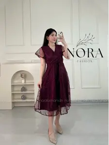 Emma Dress [ Size M - XL ] - Nora Fashion - Dress Pesta Wanita - Dress Kondangan - Dress Natal - Dress Brukat Tile Premium
