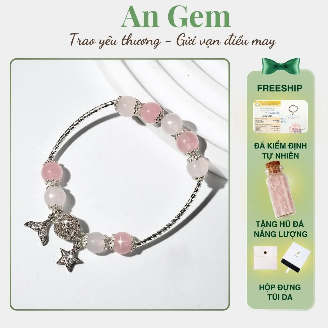 Vòng tay đá An Gem hồng mix trắng full charm, lắc tay nữ đá tự nhiên phụ kiện đeo tay tinh tế quà tặng sinh nhật giáng sinh Noel Tết Valentine [TẶNG HŨ ĐÁ NĂNG LƯỢNG]