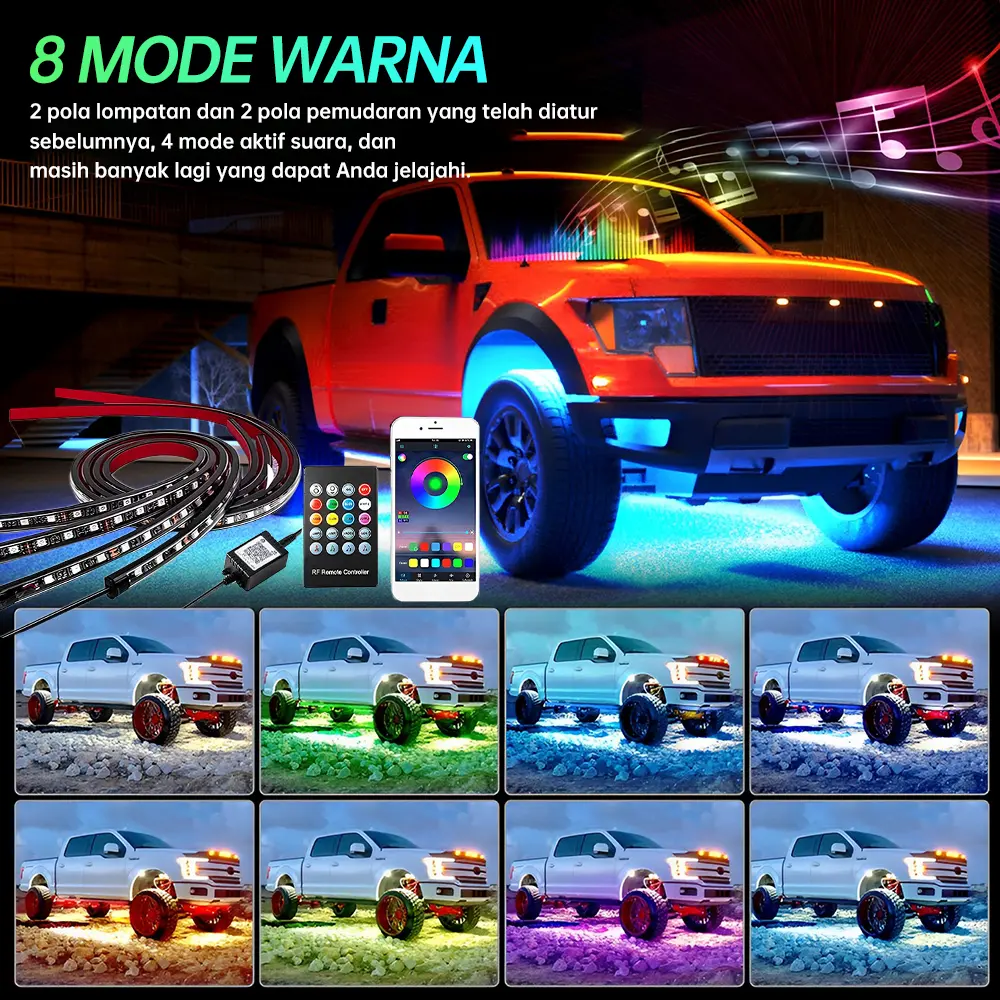 Lampu LED Strip RGB untuk Mobil, Kontrol APP & Remote, 16 Juta Warna, IP67 Waterproof, 4Pcs 12V, Easy Install - BEST SELLER