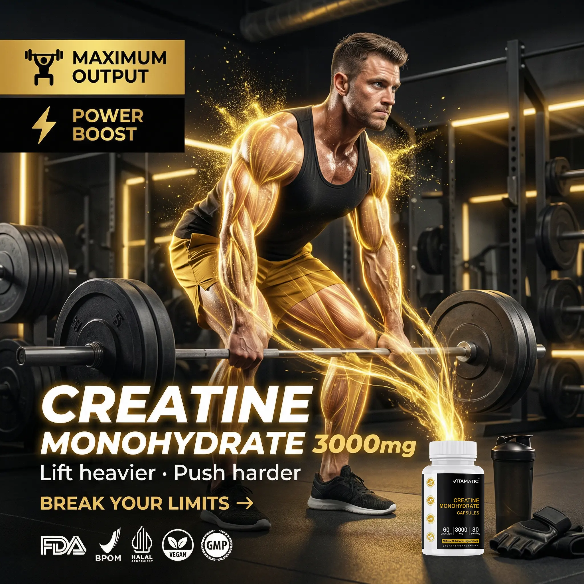 Vitamatic Creatine 60 Kapsul | Suplemen Kreatin untuk Fitness | Tingkatkan Daya Tahan & Pertumbuhan Otot | Formula Efektif untuk Latihan Fisik | Aman untuk Konsumsi Harian