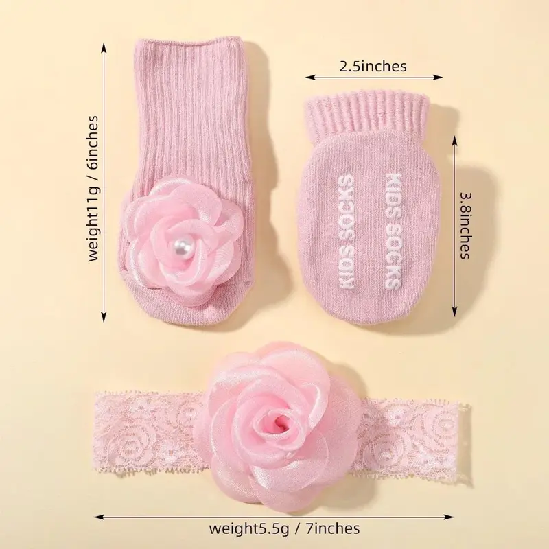 1 Set Sweet Lace Rose Flower Baby Socks Hair Band Set Infant Toddler Non Slip Breathable Short Socks Newborn Headband Sets Gift 2