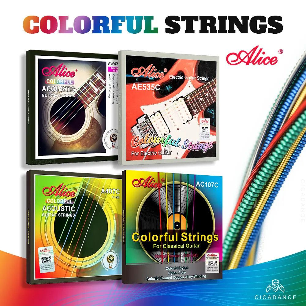 Tali Gitar, Alice, Berwarna-warni, Untuk Gitar Akustik dan Gitar Elektrik, Gitar Klasik, Salutan Anti-karat, Bunyi Rangup dan Terang, Selesa untuk Dipakai oleh Pemula dan Artis Muzik Profesional, Sesuai untuk Pencinta Muzik. Music Musical Peralatan Set
