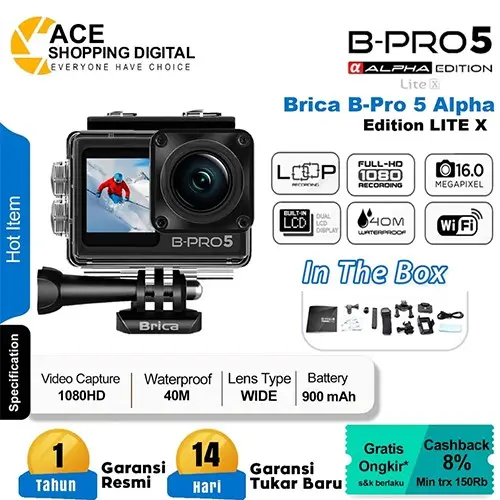 PROMO Brica B-Pro 5 Alpha Edition Lite X - Black BONUS AKSESORIS - BPRO5 - Digital Camera - Sportcam - Snorkeling - Diving - Full HD - WiFi - 16 MP - Action Camera - Waterproof - Motovlog B-Pro 5 - Kamera Sport Cam - Action Cam - Kamera Mini - Kamera Aksi