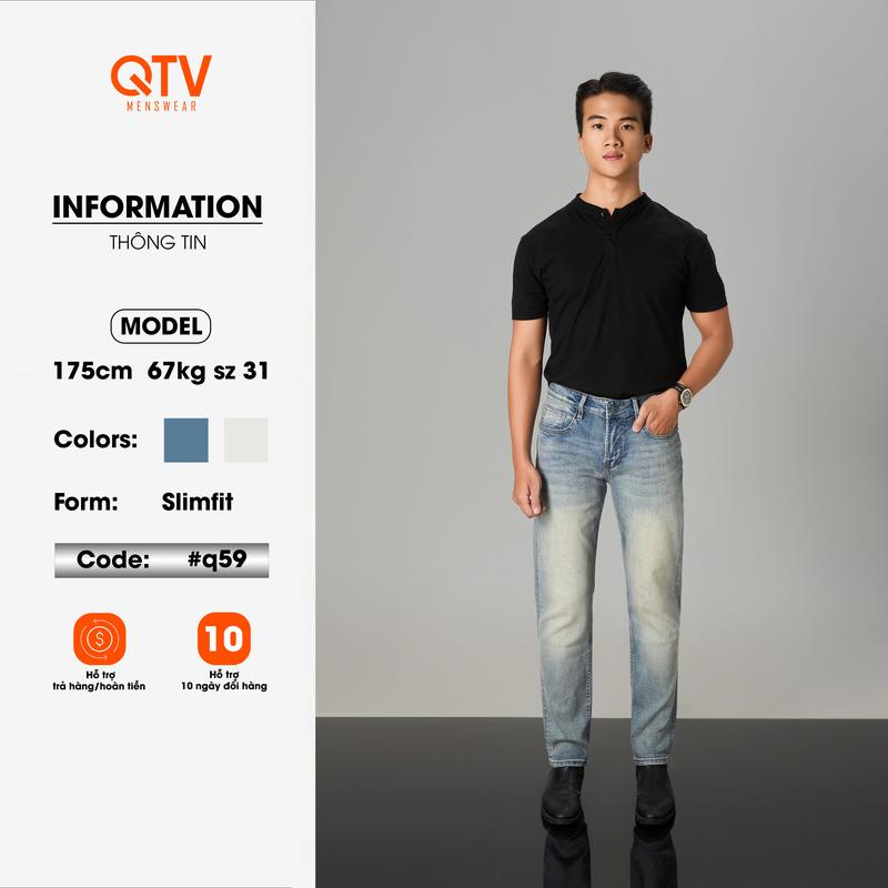 [QTV2] Quần jean nam co giãn form slim fit, màu xanh nhạt wash trắng_Q59 Pants Menswear Có Túi Cotton Denim