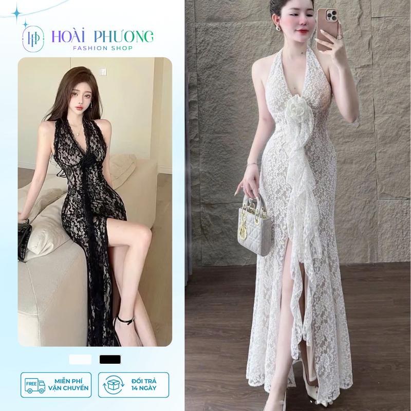 Đầm ren dài xẻ tà phối hoa tua rua ôm body tôn dáng may 2 lớp chất ren cao cấp váy ren body dài xẻ tà Hoài Phương Shop