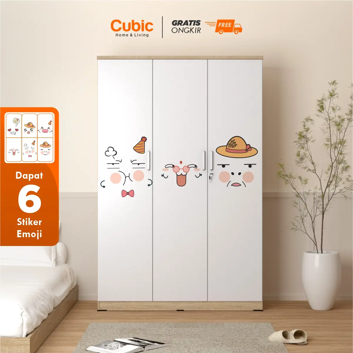 Cubic Lemari Pakaian Bergambar / Wardrobe Baju 3 Pintu Minimalis / LUNA LP 3P