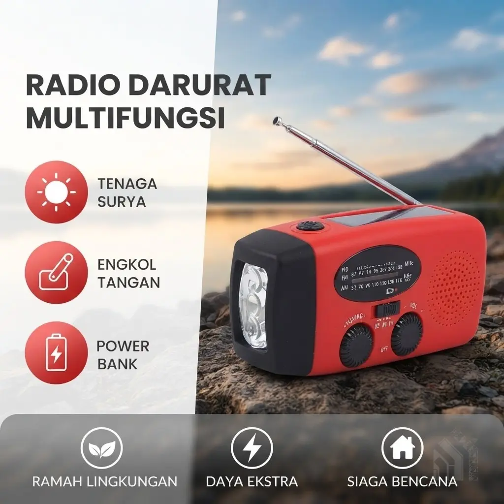 Radio Darurat Multifungsi Tenaga Surya Engkol Tangan Senter LED Power Bank 2000mAh Siaga Bencana Alam Cuaca Ekstrem Perlengkapan Outdoor Camping Hiking Survival Kit