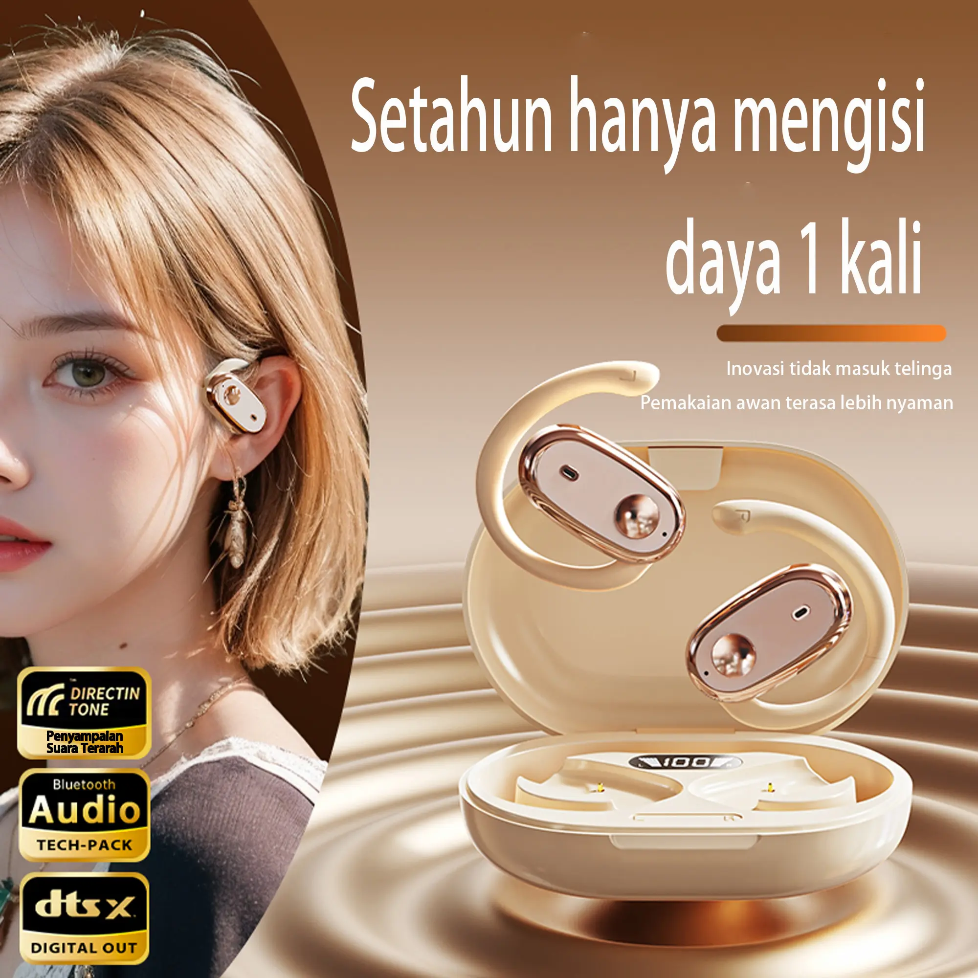 【Headset Bluetooth】【Suara Berlin - Earphone Bluetooth Kait Telinga】【COD】Model terbaru tahun 2024,5.4 bluetooth,Gantungan telinga dari silikon yang lembut,pemeredaman kebisingan，Tws