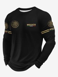 Camiseta de hombre casual con estampado de México y manga larga, ideal para primavera y otoño, perfecta para uso diario, cómoda y elegante