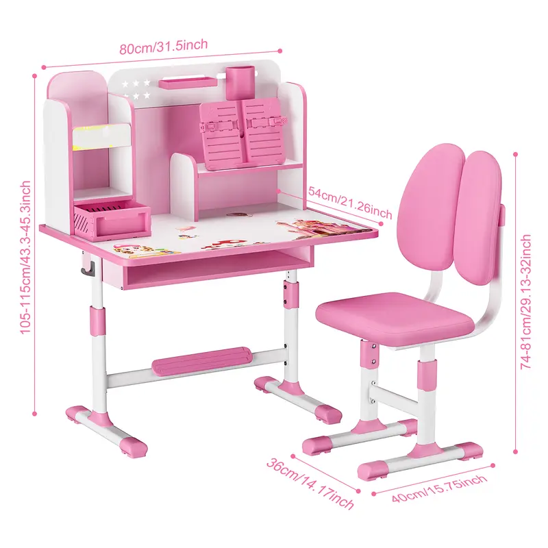 2Pcs/Set Kids Study Desk Chair Set, Height Adjustable Children School Study Table Chair Set with Sitting Corrector, Ergonomic Desk Chair with Book Stand, Foot Pedal, Partition Design (Pink, Blue) 8