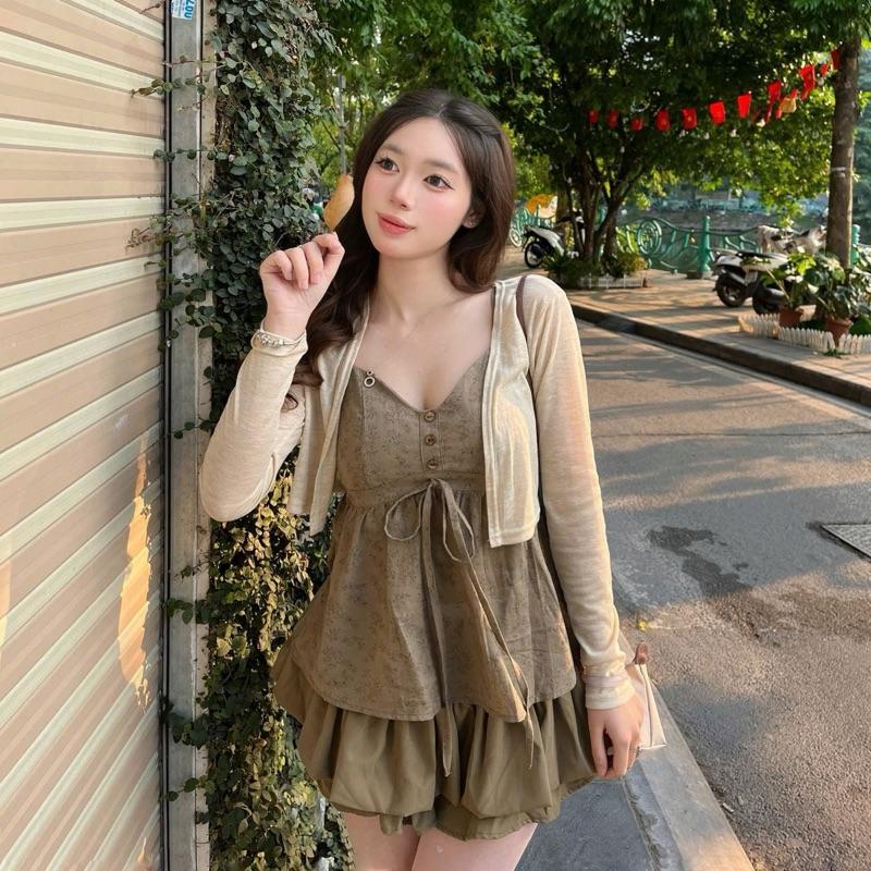 Set áo dây cổ V in hoa kèm cardigan thun len mỏng set 2 món mùa thu Salavi N1 142