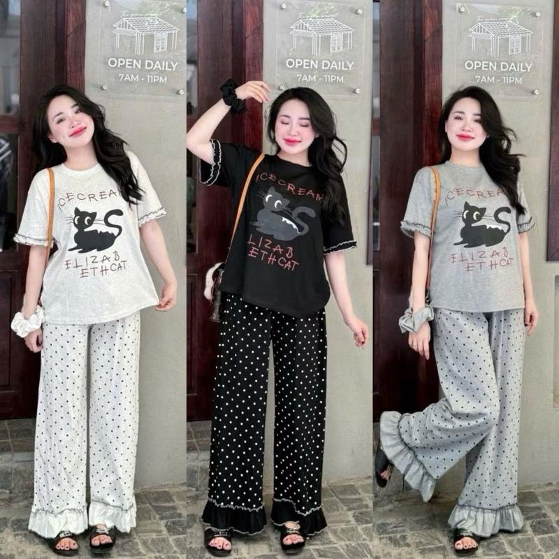 BỘ MÈO - SÉT BỘ ÁO FORM RỘNG IN MÈO ĐEN CHỮ ĐỎ MIX QUẦN SUÔNG HOẠ TIẾT CHẤM BI CHÂN BÈO XINH XẮN 2 MÀU BIGSIZE set đồ nữ đẹp.
