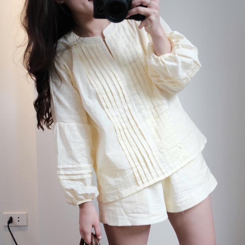 Set Áo Đũi Linen Xếp Li Tay Bồng”RIBI” Mix Quần Sooc Đũi Cạp Chun co giãn-Dành Cho Nữ 6