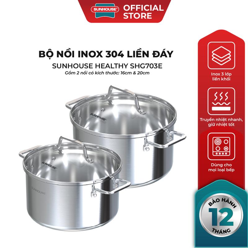   Quyenleo   TẶNG CHẢO 20M5  Bộ nồi Inox 304 liền đáy Sunhouse Healthy SHG703E - Inox đa lớp - Truyền nhiệt nhanh - Dùng trên mọi loại bếp 