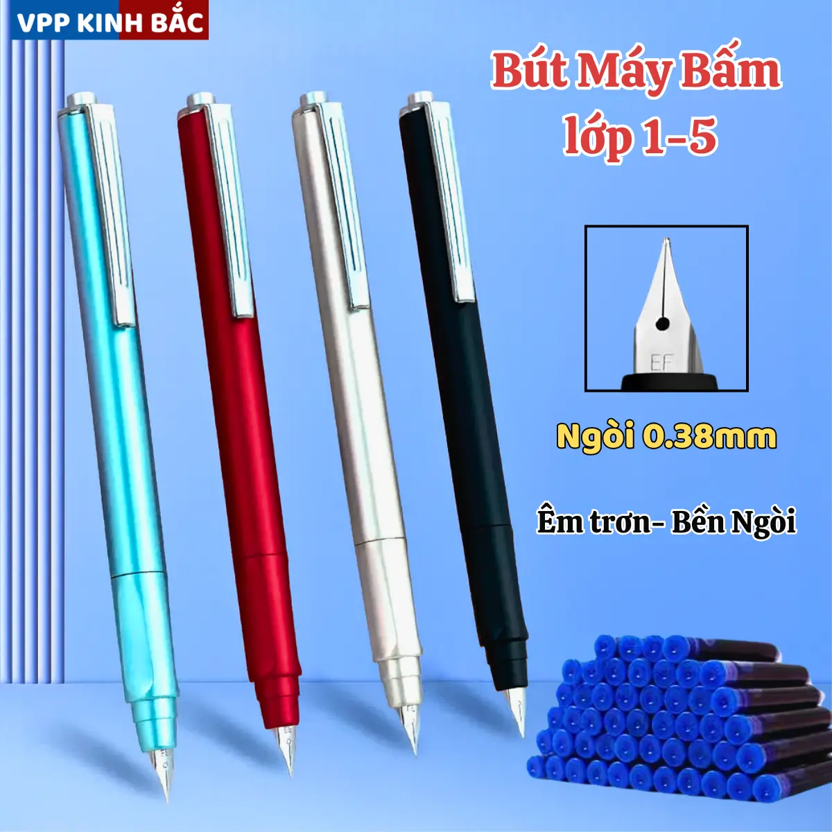 Bút Máy Bấm EF Ngòi 0.38mm Viết êm trơn Cho HS Tiểu Học lớp 1-5 Tặng ống mực & PC Bơm Mực Lọ