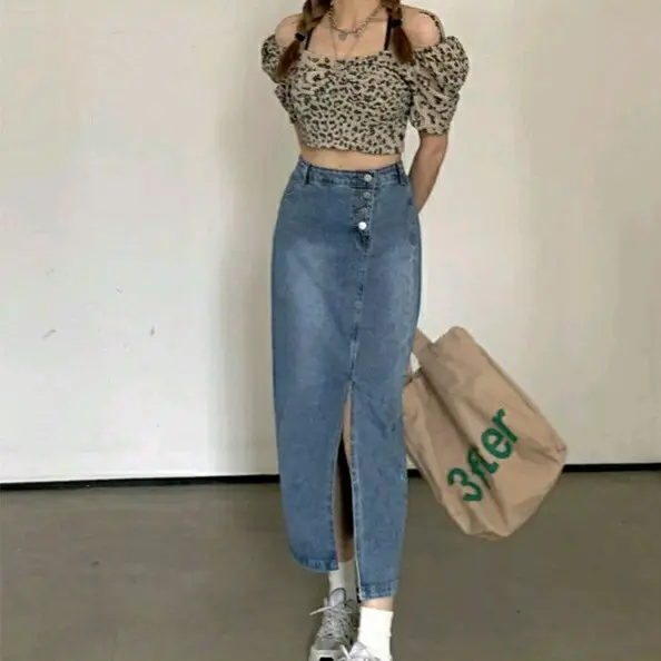 Denim Skirt A-line Highwaist Long Doremi Skirt Jeans Rok Span Belah Samping Wanita Premium Kancing Melar Tebal Panjang