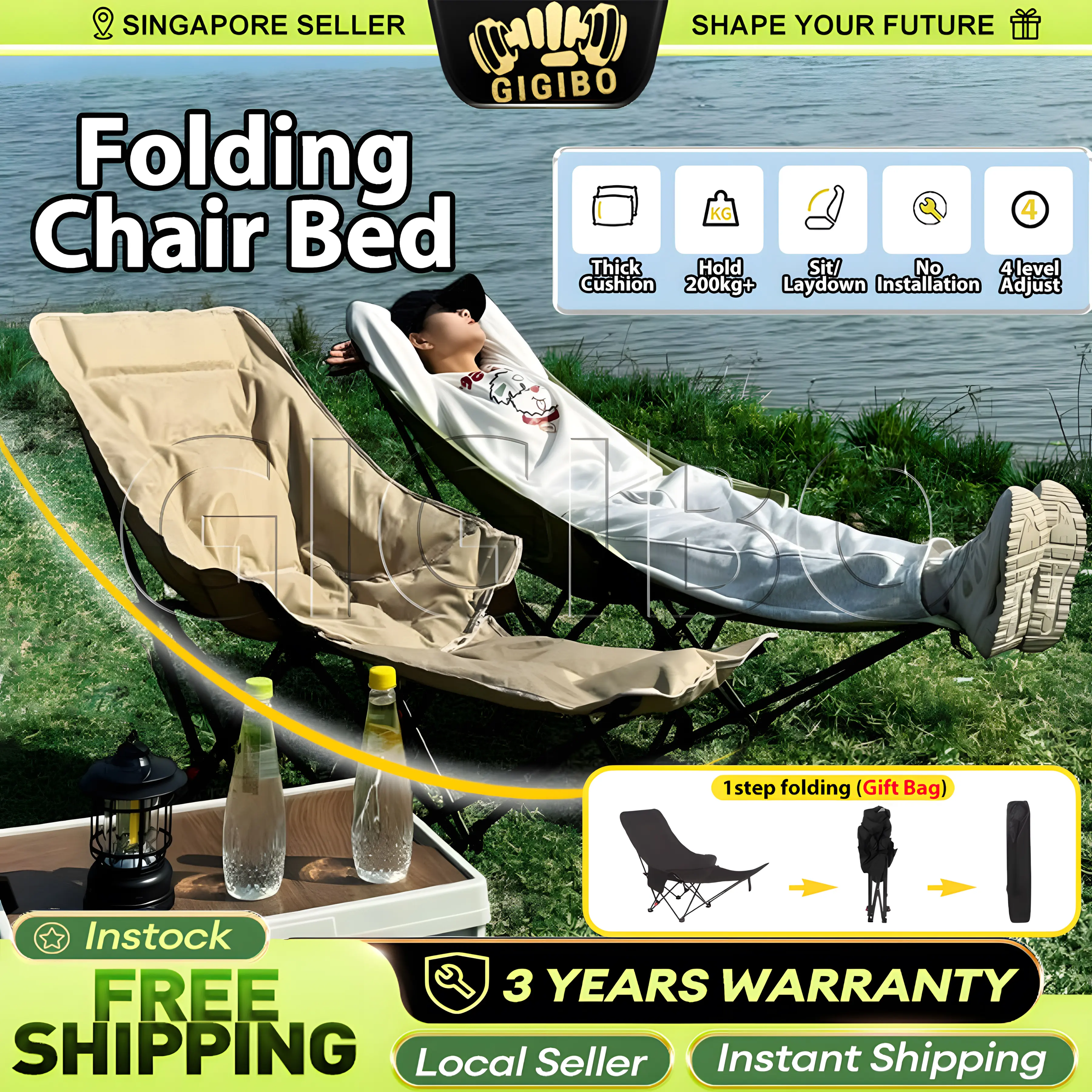 [SG INSTOCK] Foldable Chair With Cushion Portable Folding Recliner Lazy Chair Camping Chair with Leg Rest Outdoor Beach Fishing Stool Outdoor Equipment