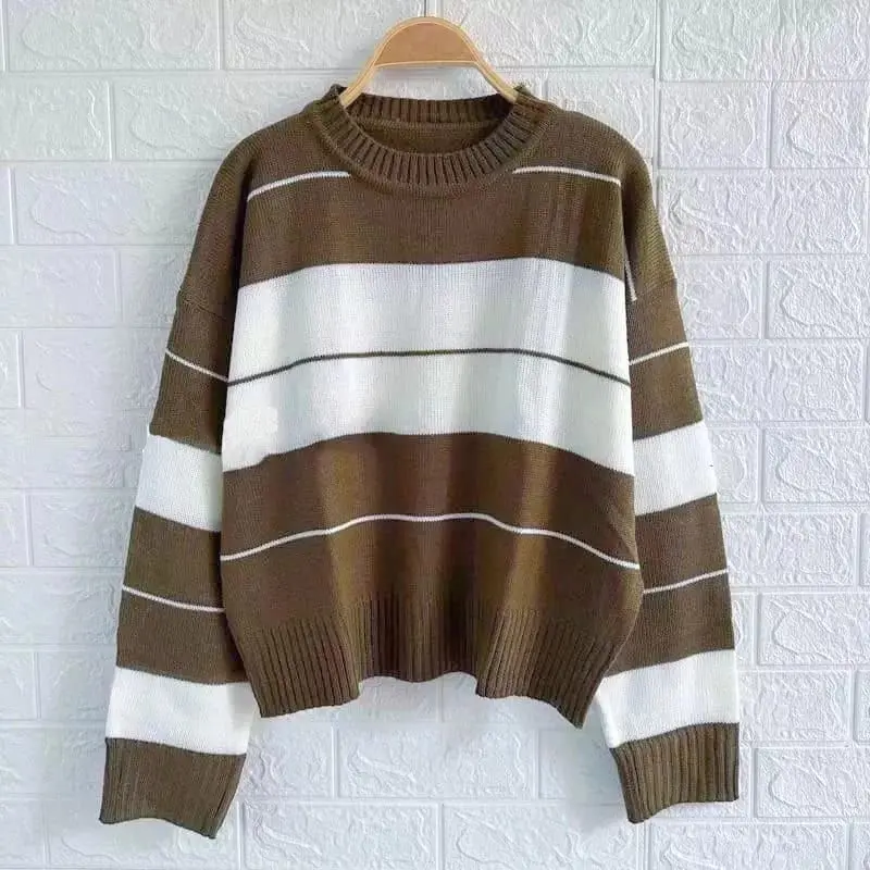 Meira Sweater Rajut Wanita Blouse Knited Motif Garis Garis Korean Style Lengan Panjang 4