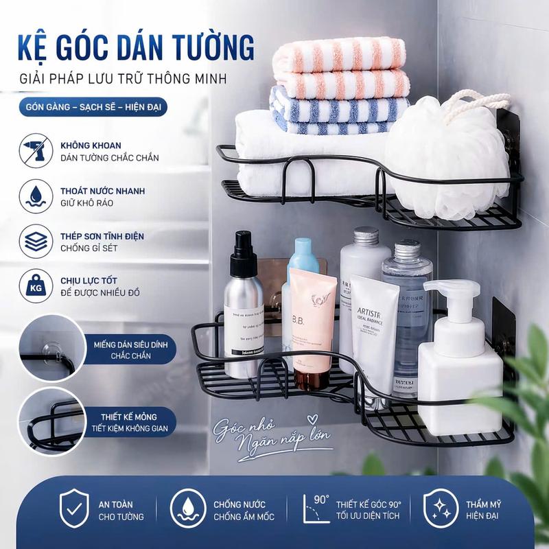 Kệ góc nhà tắm, giá vuông để đồ nhà bếp, phun sơn tĩnh điện, mỗi kệ kèm 2 miếng…