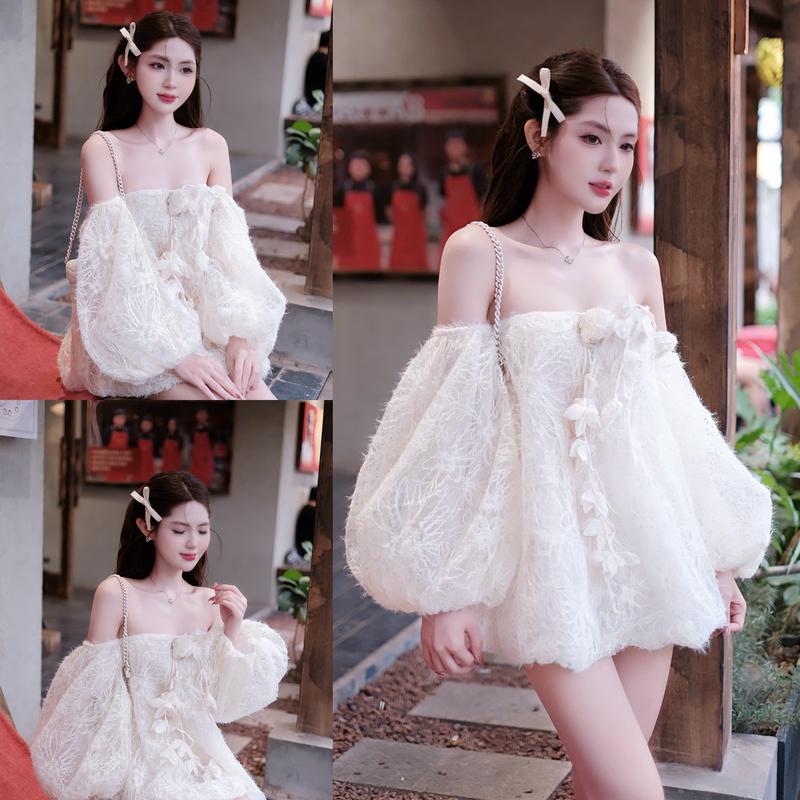 Váy trễ vai dây hoa ren lông V799 shop 1