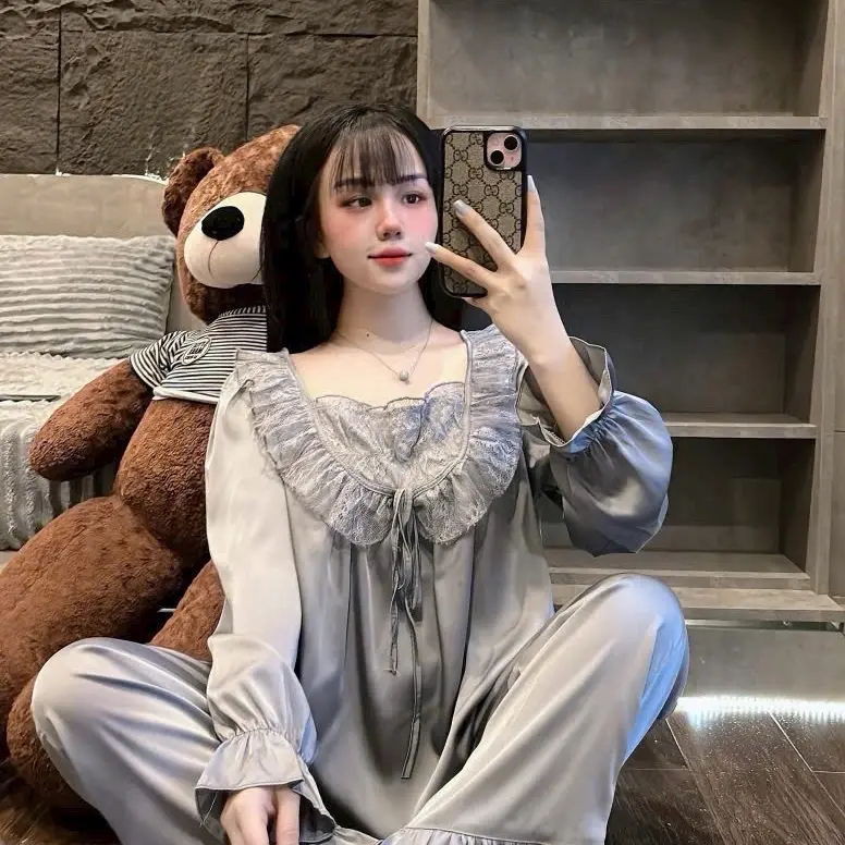 Bộ ngủ tiểu thư phối voan babydoll Tay dài - Quần dài cho nữ từ 40-60kg 0