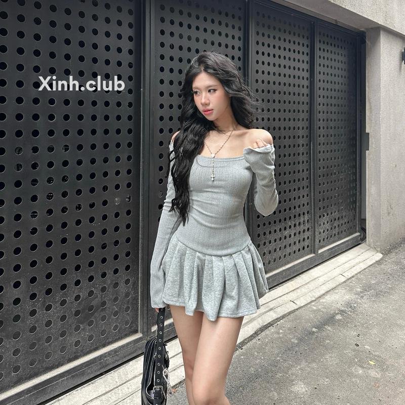 Tặng quần bảo hộ Xinh.club - Đầm xoè ôm body cổ rộng trễ vai - mã 1114
