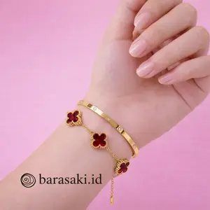 Barasaki.id New Paket 2 pcs Gelang Bahan Titanium Model Bangle dan Bunga Cantik Mewah dengan Desain Elegan Style Bracelets