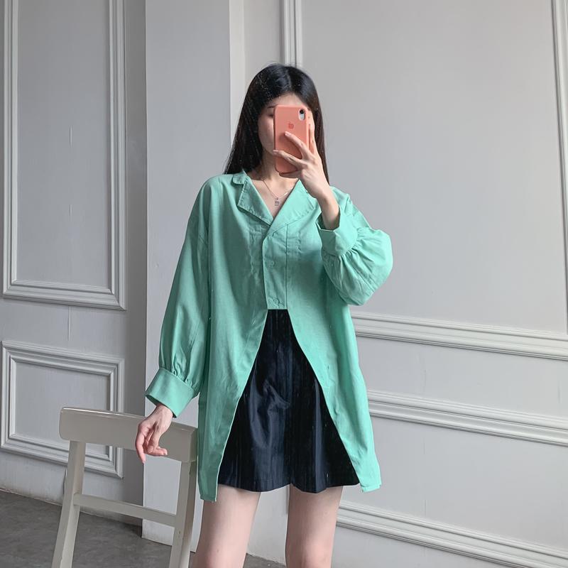 (Posy) Atasan Wanita Plain Hoppy Blouse Bahan Katun Denim Kemeja Polos Wanita Kancing 5
