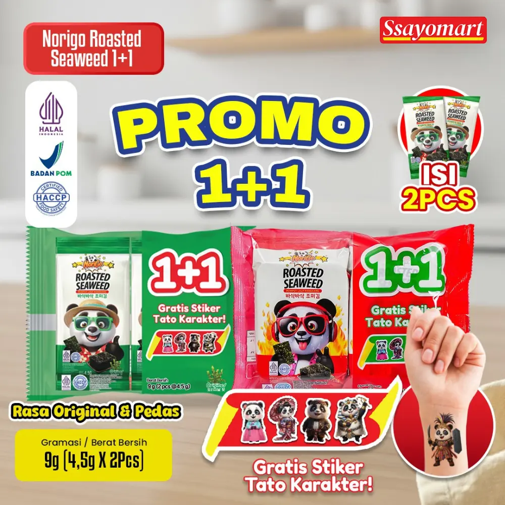 (PROMO 1+1) HALAL NORIGO DOSIRAK RUMPUT LAUT PANGGANG [BELI 1 ISI 2] @4,5 GR + FREE TATTO STICKER LUCU