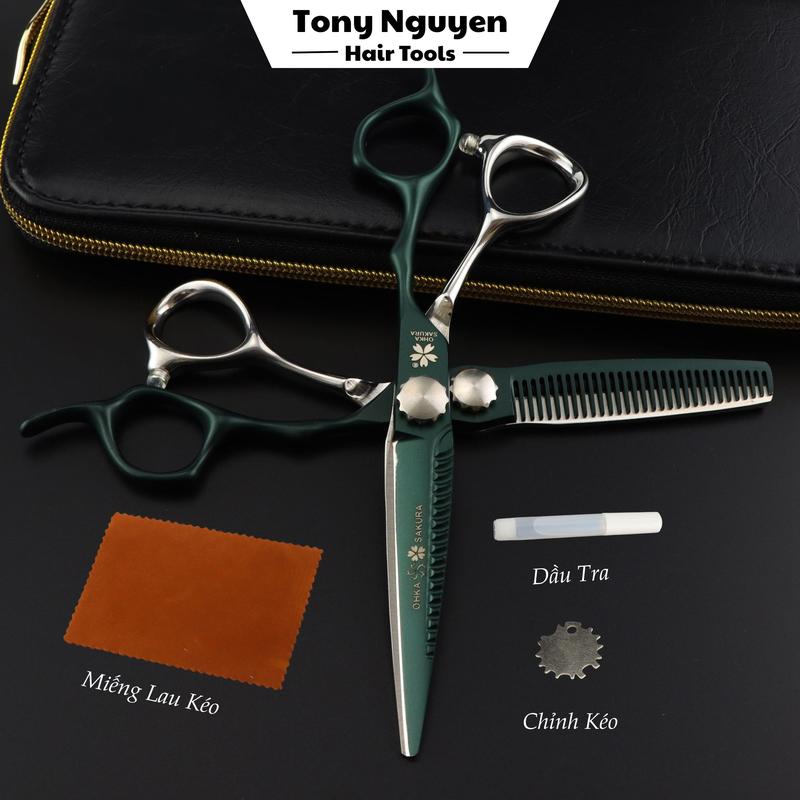Cặp Kéo Cắt Tỉa SAKURA Cắt Tóc Chuyên Nghiệp Tặng Kèm Bao Da, Chỉnh Kéo, Dầu Tra, Miếng Lau Kéo - K02