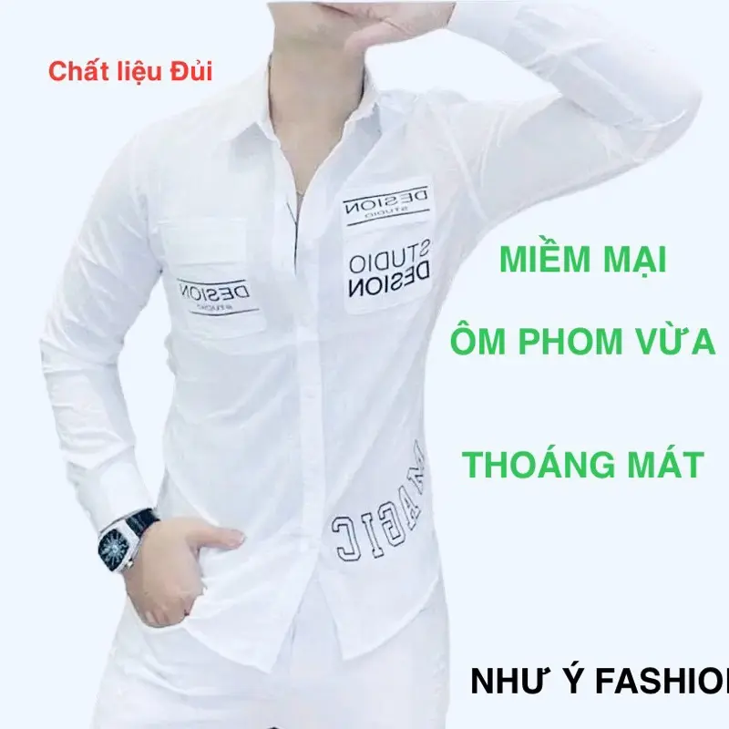 Áo sơ mi Nam Dài Tay chất liệu đủi In hoạ tiết 2 túi Menswear