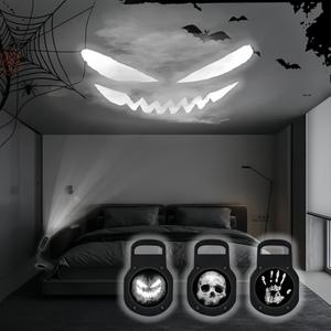 Lámpara proyectora de luz nocturna LED de Halloween rotativa 360°, alimentada por USB, incluye tarjetas de repuesto, perfecta para decoración de dormitorio y sala de estar