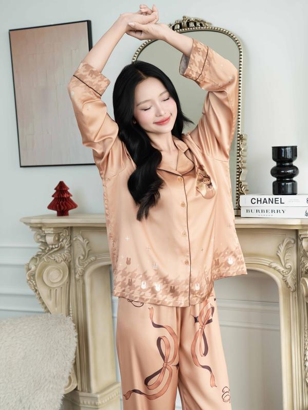  Bộ Pijama Lụa Nữ Tay Dài  Belle Bunny Màu Nâu- Đồ Ngủ Pyjama Thiết Kế Sang Trọng ELRever -  0825S80 