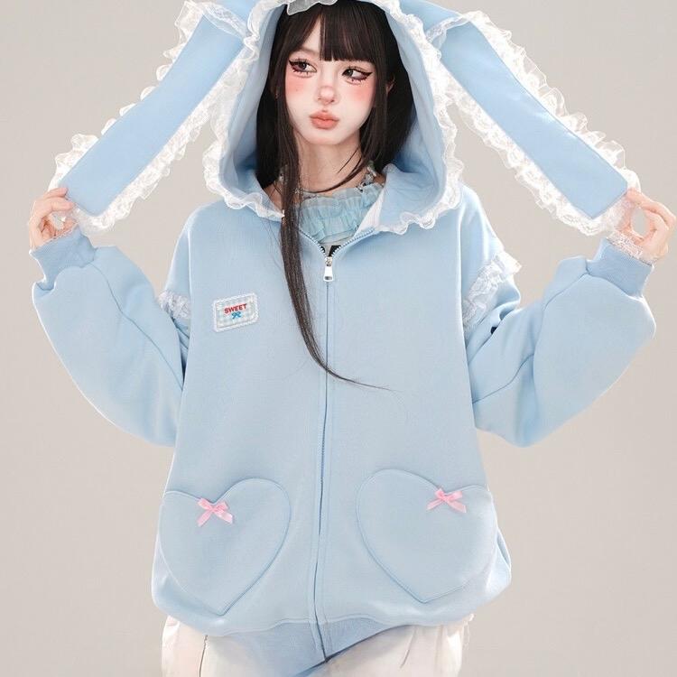 Áo Hoodie Zip Nỉ Bông From Rộng Nữ Tai Thỏ Ren (SWEET)