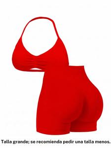 Nuevo conjunto deportivo para mujer sin costuras de tejido entrelazado, top deportivo halter, shorts de cintura alta con tres paneles y diseño de espalda abierta, ideal para yoga y gimnasio