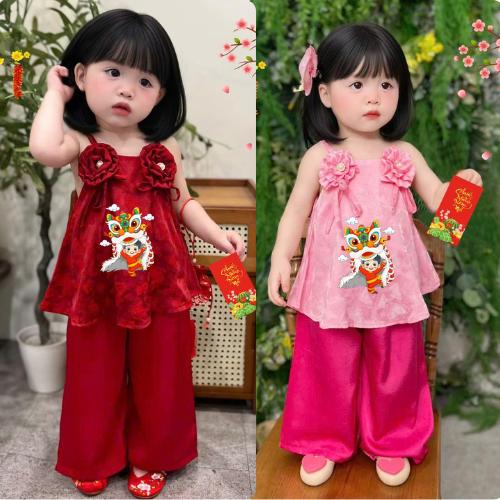 Set bộ bé gái 2 dây mặc TẾT chất gấm lụa cao cấp cho bé gái đi chơi đi lễ size từ 7-35kg BB08 _ Proman1