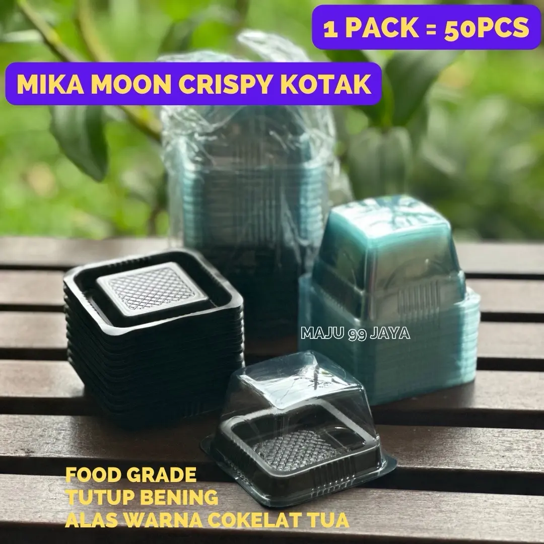 (50 PCS) Mika Moon Crispy / Moon Cake / Kue Mochi Tray Warna Cokelat Tua | Tutup Bening Tebal Food Grade / Wadah Kue Roll Mini Kotak Plastik