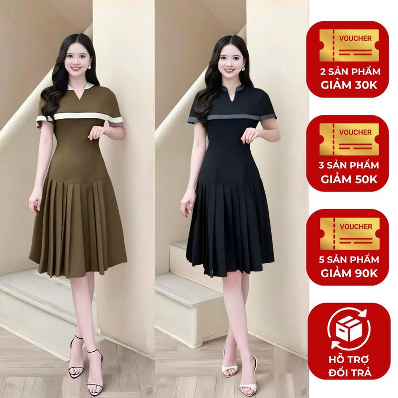 Đầm váy nữ thiết kế đẹp Nhật Vy tay ngắn dáng xếp ly cổ tròn tay cách điệu form dáng xòe bigsize chất lụa công sở văn phòng dự tiệc quà tặng vợ mẹ màu đen nâu - D3441