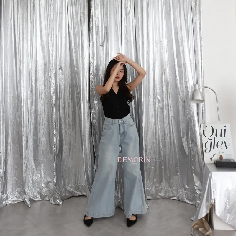 X9261 | Celana Panjang Jeans Cewek High Waist Wanita Wide Leg Palazzo Washed Blue Korean Trousers DEMORIN 4