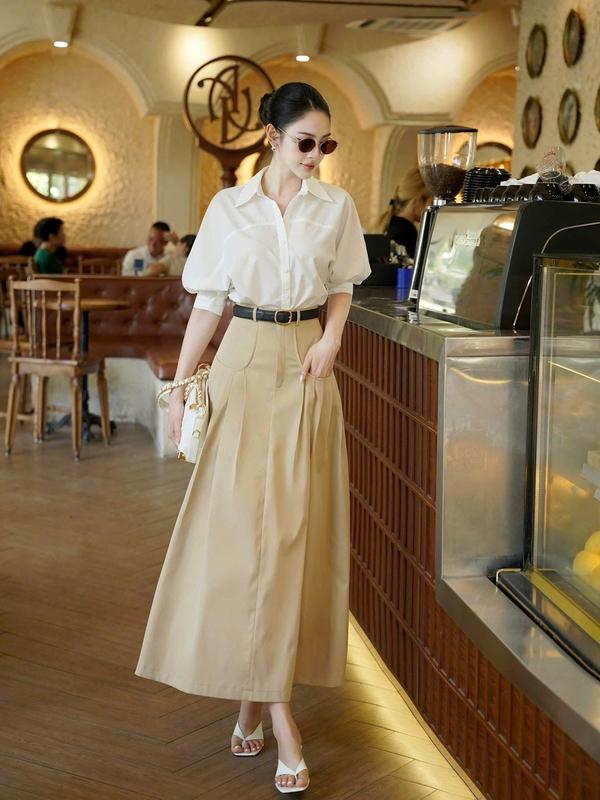 ( Tặng đai ) Sét Áo Soe Mi Trắng Mix Chân Váy Kaki Dài Dành Cho Nữ Sang Chảnh by T.LINH STORE 68
