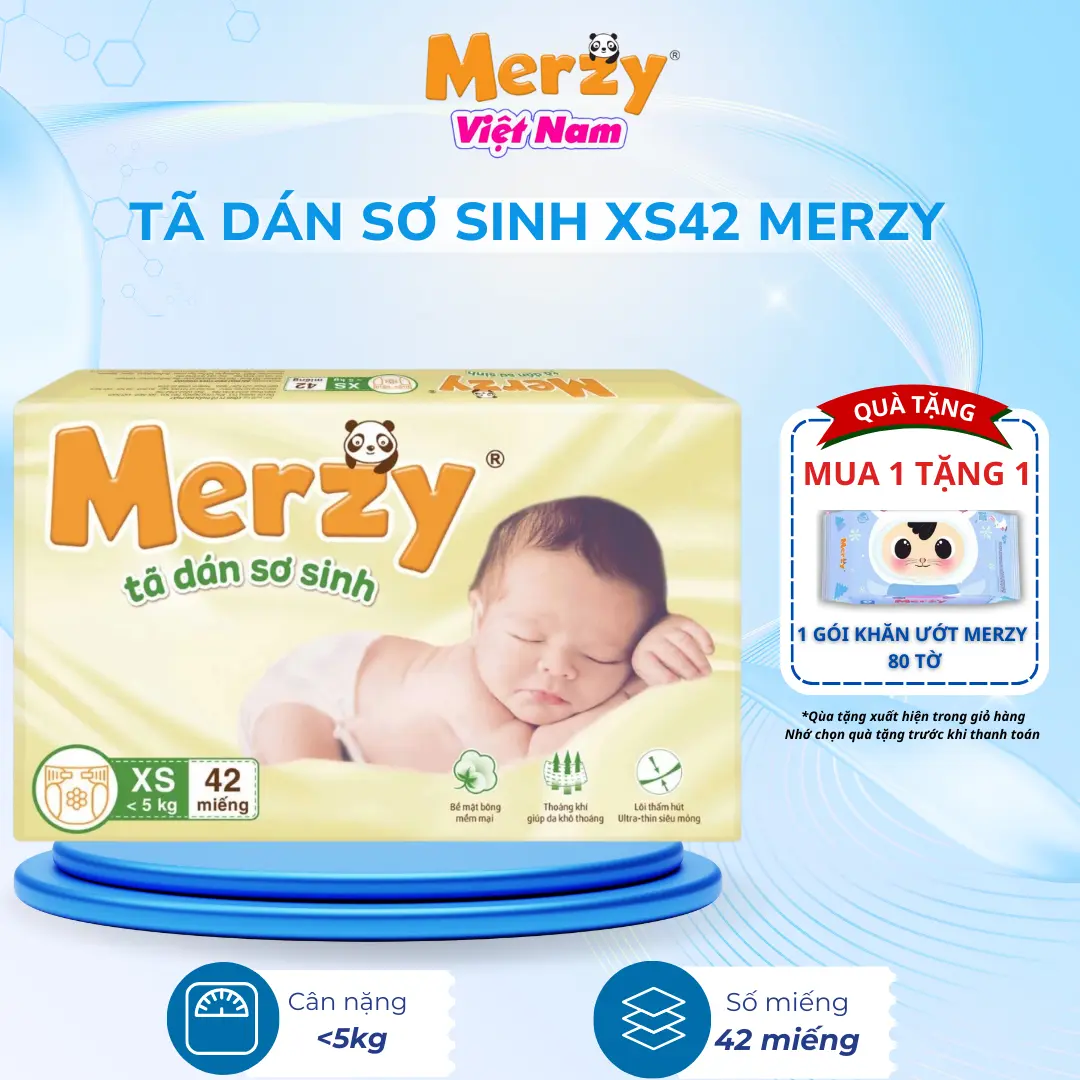Tã Dán Merzy Newborn XS42 Cho Trẻ Sơ Sinh Dưới 5kg - Khô Thoáng, Mềm Mại, Giúp Bé Ngon Giấc [ MUA 1 TẶNG 1 KHĂN ƯỚT 80T]