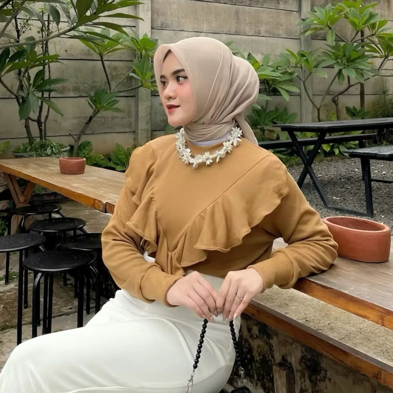 Ladies Blouse Ruffle Knit Rib Sweater Rajut Wanita Tangan Knitwear