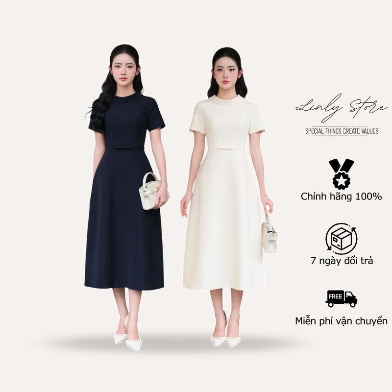 Váy liền thân thiết kế cổ giếng dáng dài váy kiểu tay ngắn phối đai nơ tiểu thư Linly Store V-VD10